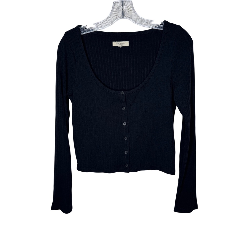 Madewell Black Ribbed Button Front Cropped Long Sleeve Top Size M Minimalist Y2K